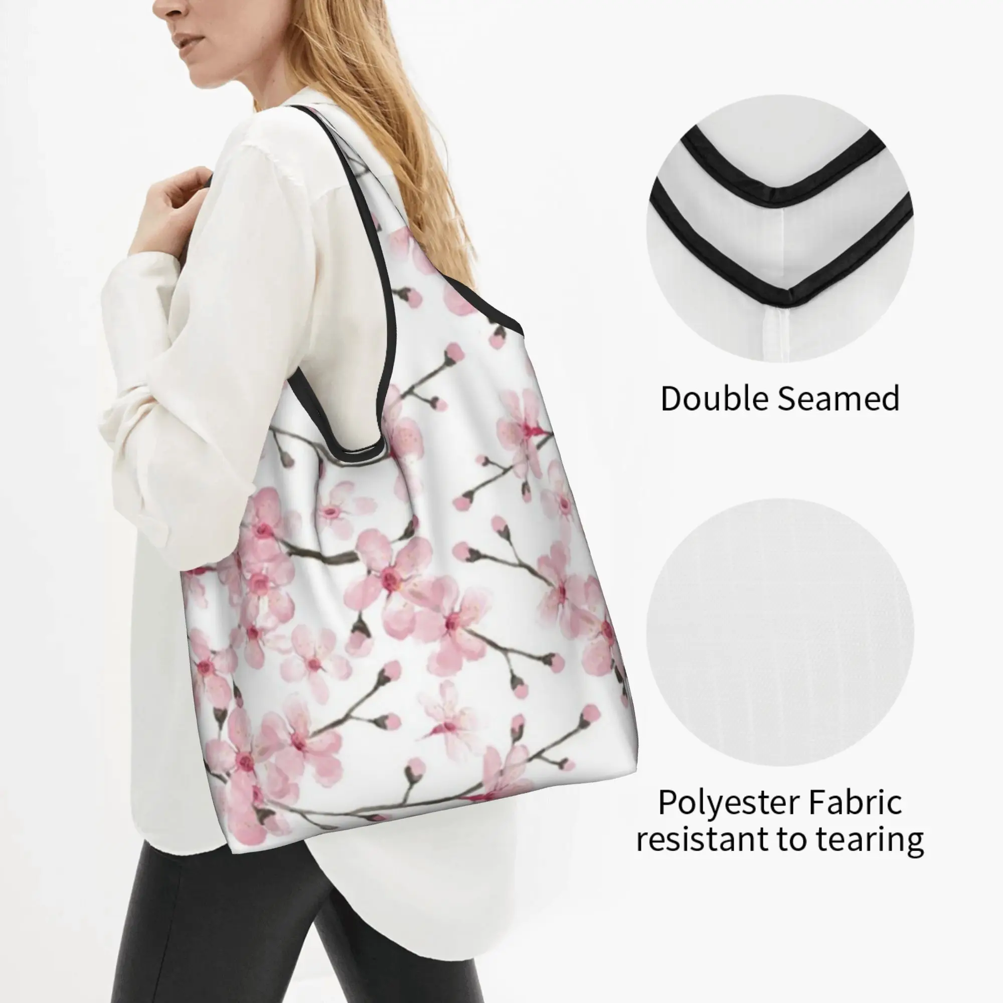 Recycling Japanese Cherry Blossom Shopping Bag Women Tote Bag Portable Sakura Flowers Floral Grocery Shopper Bags