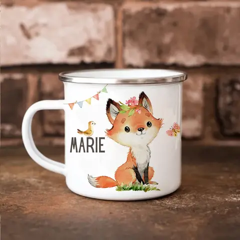 personalized name forest animals fox girl Gift Enamel Mug daughter Birthday Gift Milk Cup Modern printed enamel mug