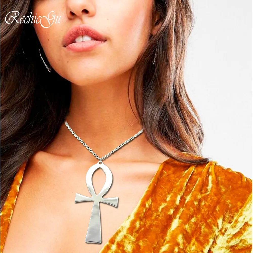 RechicGu Vintage Egyptian Life Big Ankh Cross Pendant Long Chain Choker Necklace Jewelry Fashion Unisex Accessories Dropshipping