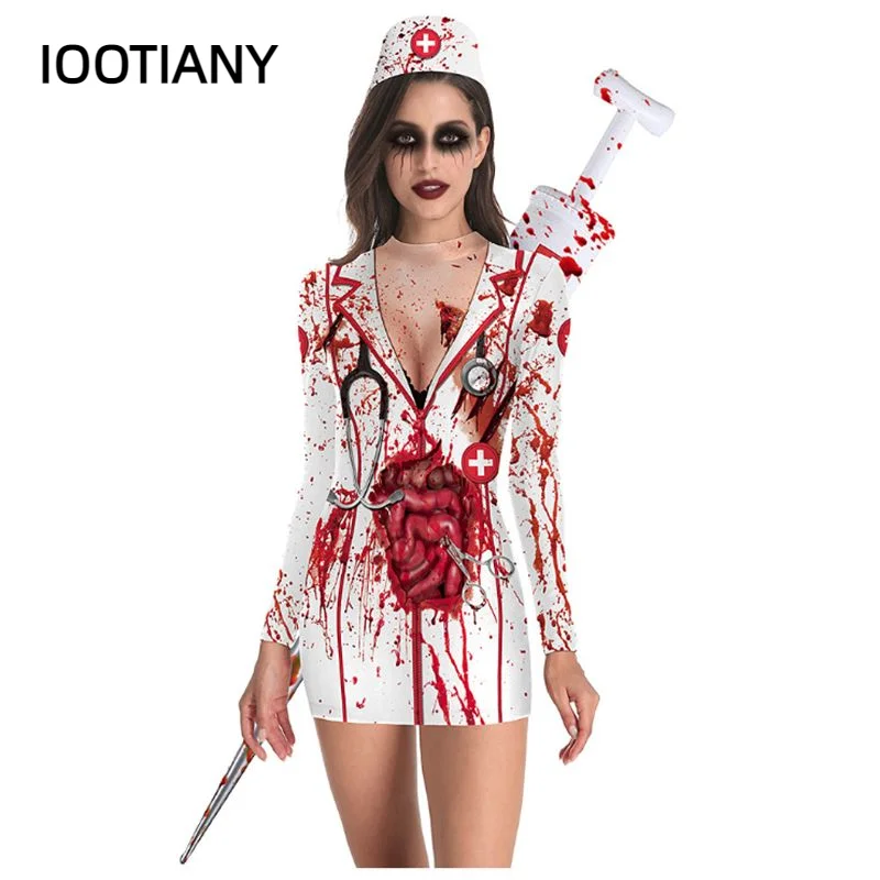 Iwing TIANY-Robe d'Halloween pour Femme, Costumes de Cosplay d'Horreur Effrayants, Infirmière Sanglante, Robe de Zombie, T-shirts