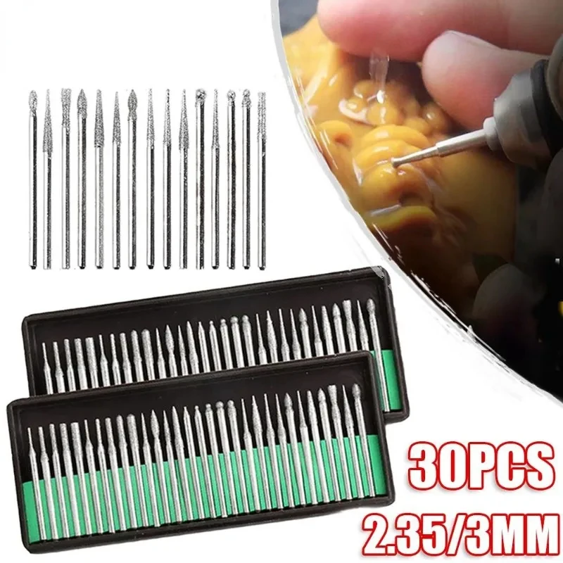30Pcs Diamond Grinding Burr Needle Point Engraving Carving Polishing for Glass Jade Stone 2.35/3mm Drill Bit Rotary Tool Set