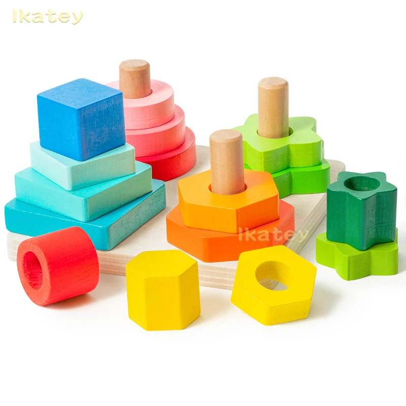 17Pcs Toddlers Wooden Sorting & Stacking Toys Set Montessori Toy Geometric Color Puzzle Blocks for Baby Preschool Early Learning