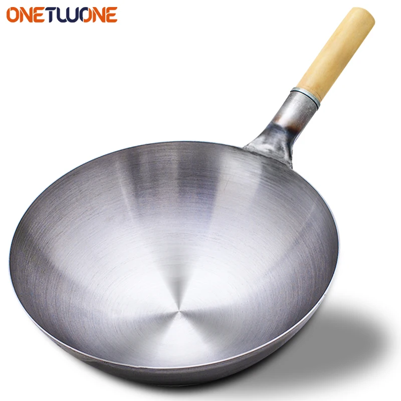 32/34/36cm Iron Wok Uncoated lightweight Kitchen Cooking Pot Beech Handle,Suitable for Gas Stove