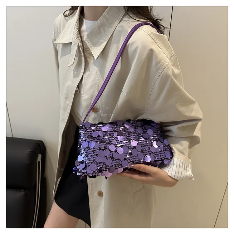 Neue Pailletten-Abendtasche, Schultertasche für Damen, leicht, tragbar, Damen-Umhängetasche mit Riemen, einfarbig, modische Handtasche für Frauen. – Detail 19