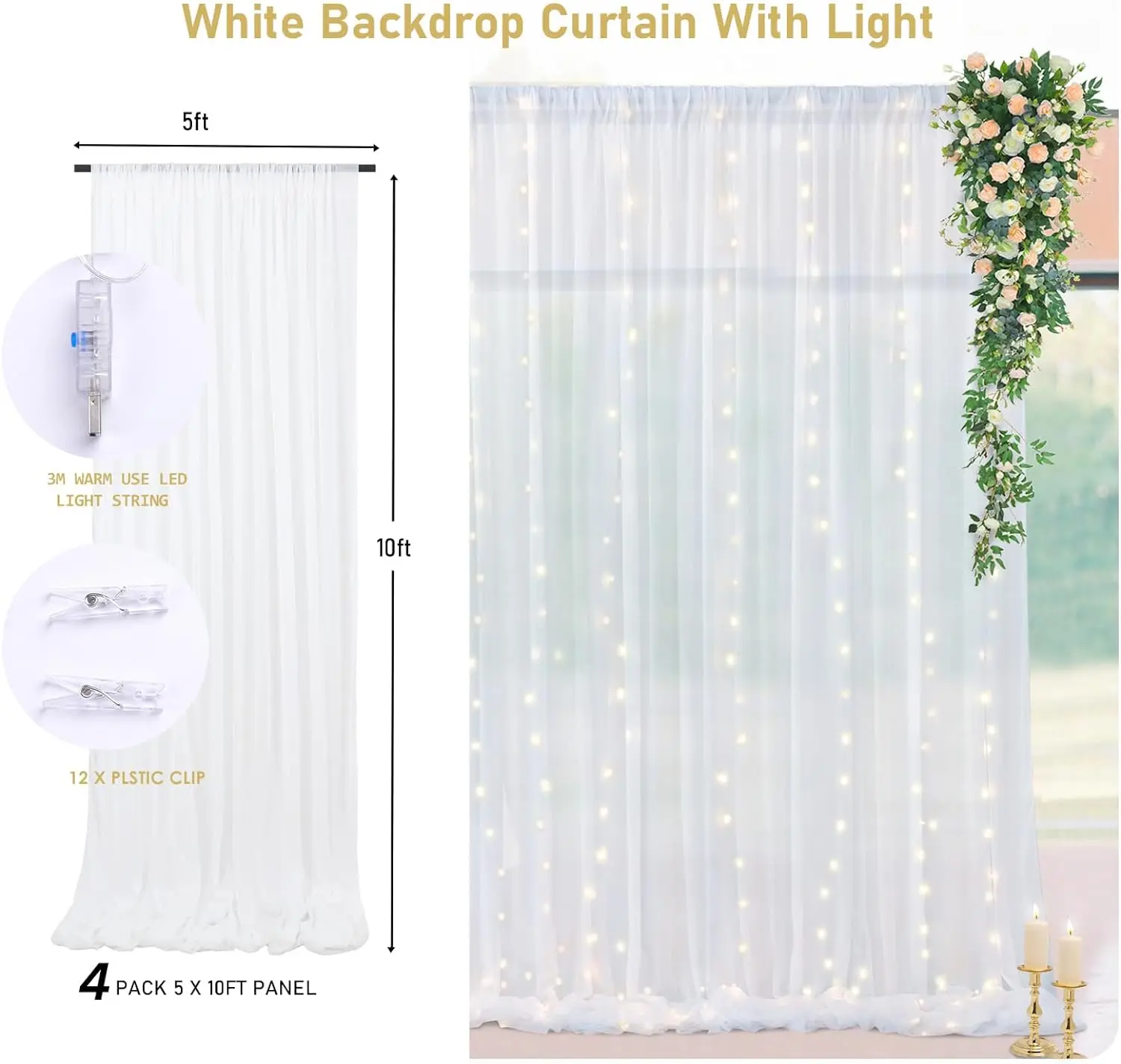 Cortina de pano de fundo de tule branco com corda de luzes para festa de casamento 40 × 10 pés cortinas de fundo transparentes cenário de cortina branca