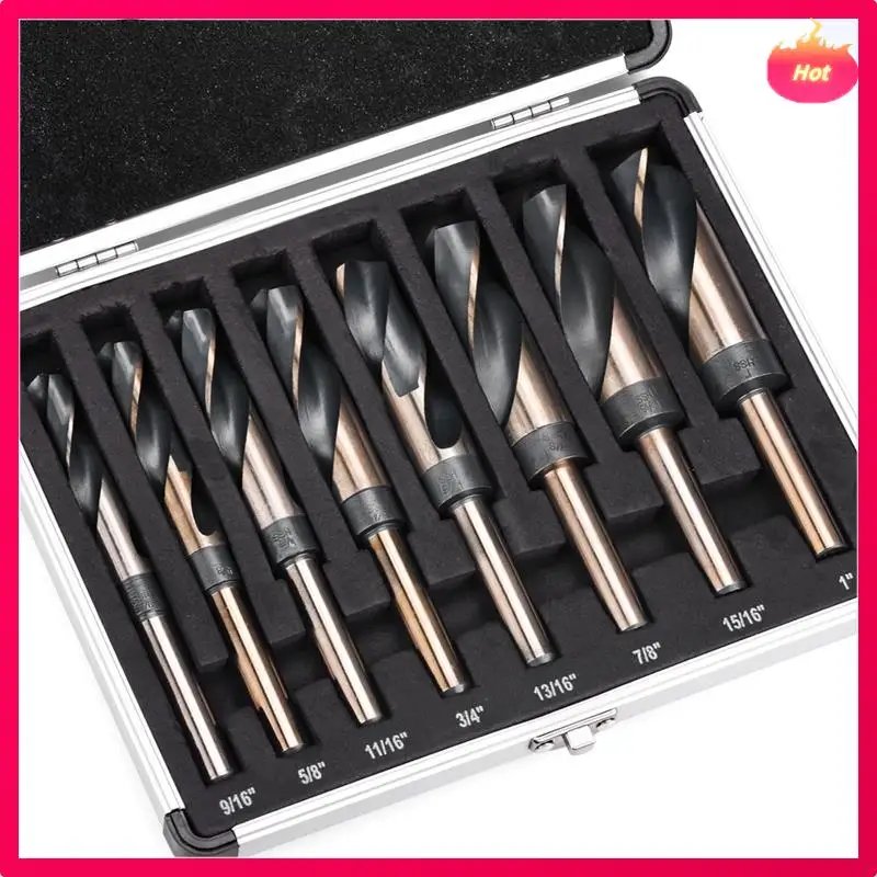Set di punte da trapano in argento e deming da 8 pezzi Set di punte da trapano con codolo ridotto Gambo da 1/2 pollice di diametro, dimensioni da 9/16 pollici a 1 pollice