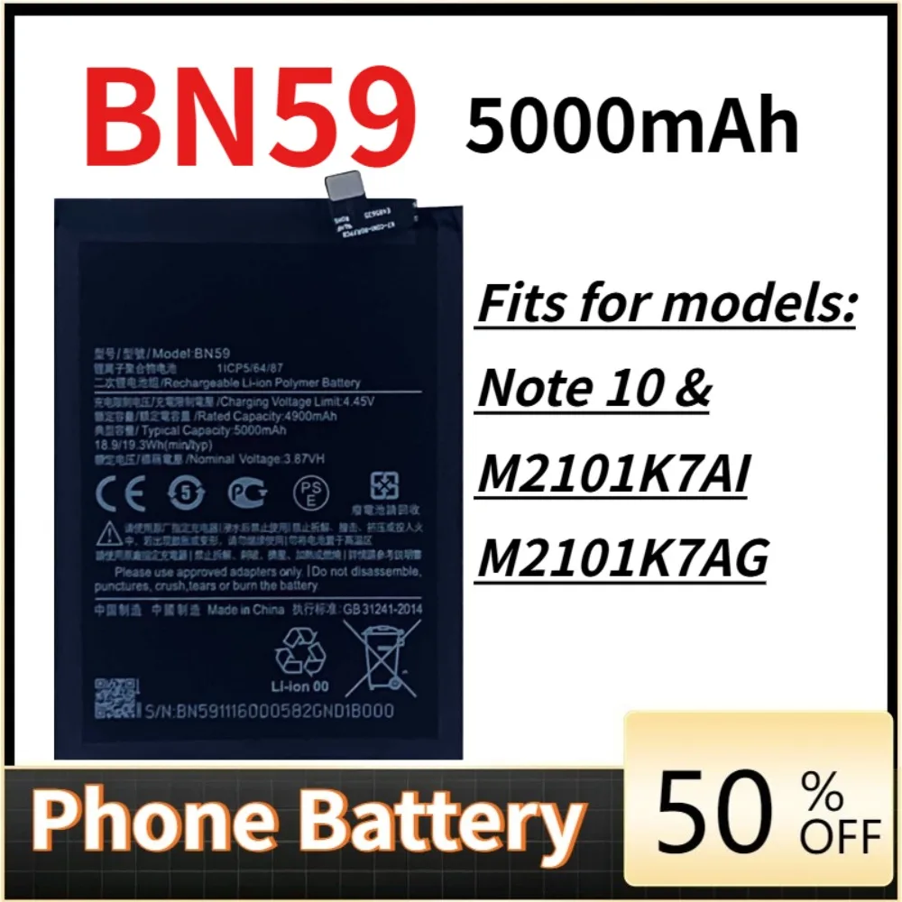 

Phone battery For Xiaomi Redmi Note 10 / 10S / Note 10 Pro 10pro Phone Replacement Batteries BN59 5000mAh