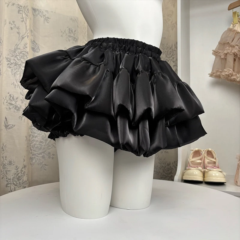 Sweet Elastic Waist Short Skirt Mini Petticoat Women Summer Chic Satin Ruffle Cake Skirts Female Fashion Pretty Princess Skirts
