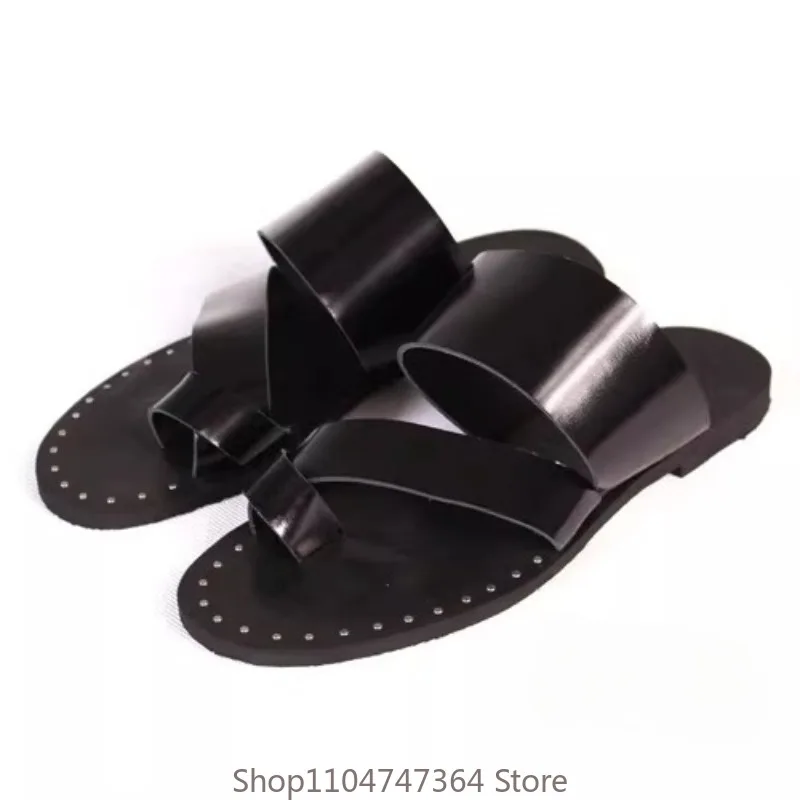 Design Concise Cowhide Handmade Sandals Men's Shoes Summer Rivet Open Toe Outdoor Casual Flat Sole Casual Slippers Male