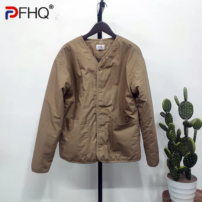 PFHQ 2023 Autumn New Trendy Japanese Vintage Collarless Jacket Fashion Mens Simple Thin Cotton Coat High Quality Clothes 21Q1971