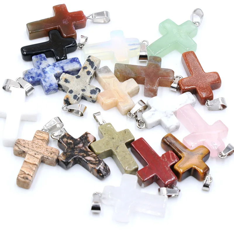 Natural Stone Cross Necklace Pendant Healing Crystals Gemstone Women Sweater Chain Crystal Charm Jewelry 1Pc with String