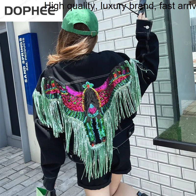 Spring 2023 New Autumn Trendy Female Denim Jackets Eagle Patch Sequins Tassel Long-sleeved Short Outwear Streetwear Jean Coat