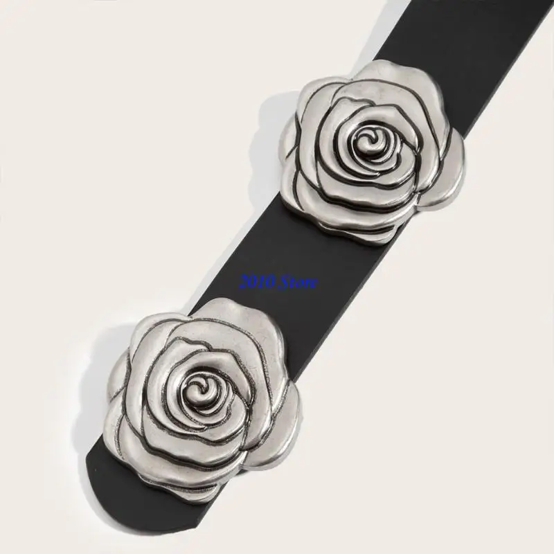 F3MF حزام ريترو قابل للتعديل للنساء مزين بأبازيم وردية واسعة من جلد البولي يوريثان حزام الخصر فساتين إكسسوار عصري #3