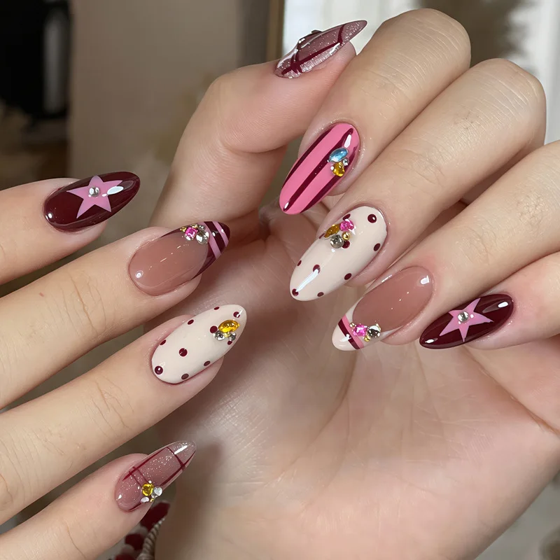 24Pcs Shiny Diamond Star Press on Nails Pink French Stripe Design Fake Nail Art Polka Dot Almond Reusable Full Cover False Nails