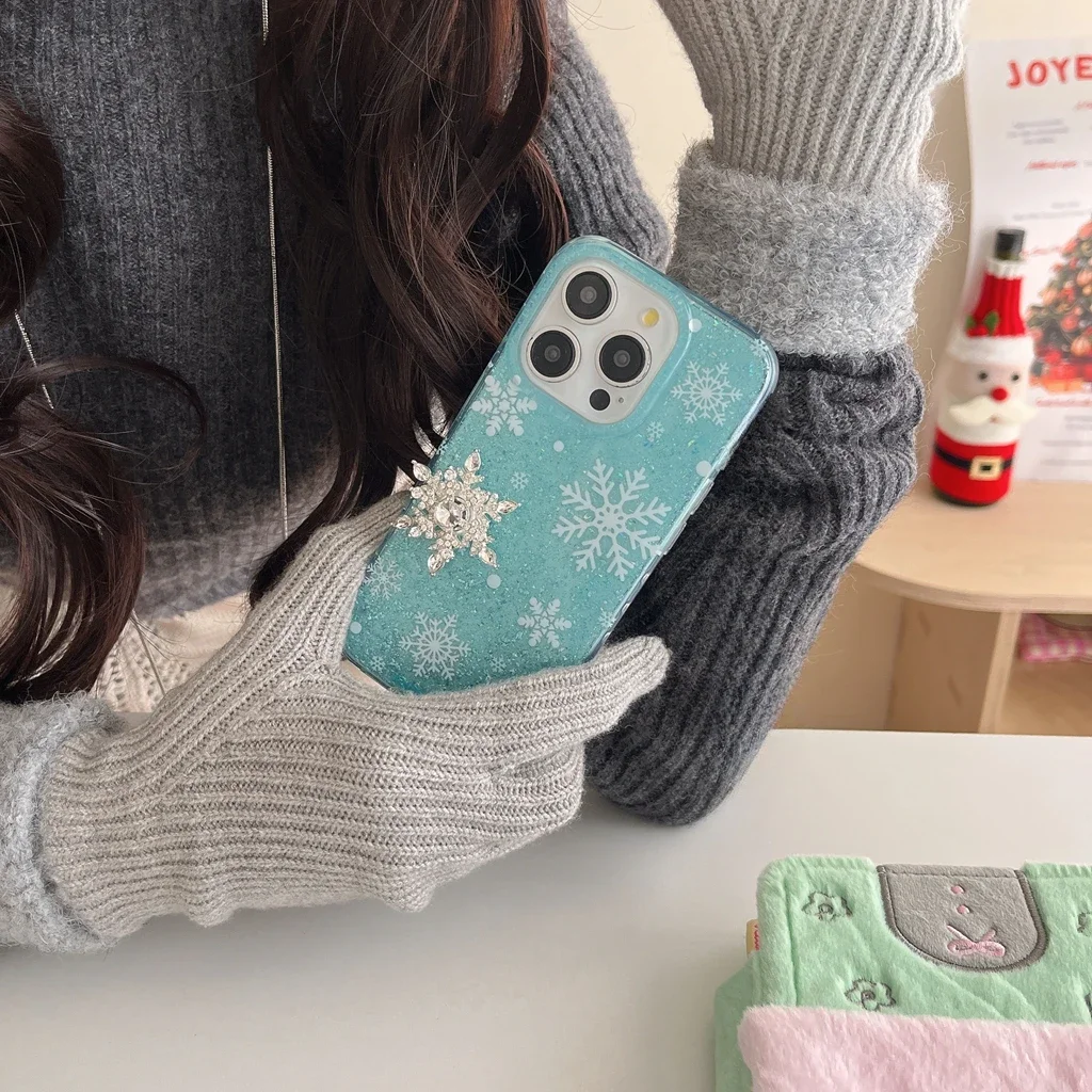 Simplicity Blue Glitter Transparent Rotate Snowflake Rhinestone Cover Case for iPhone 16 15 14 13 12 Pro Max Phone Case