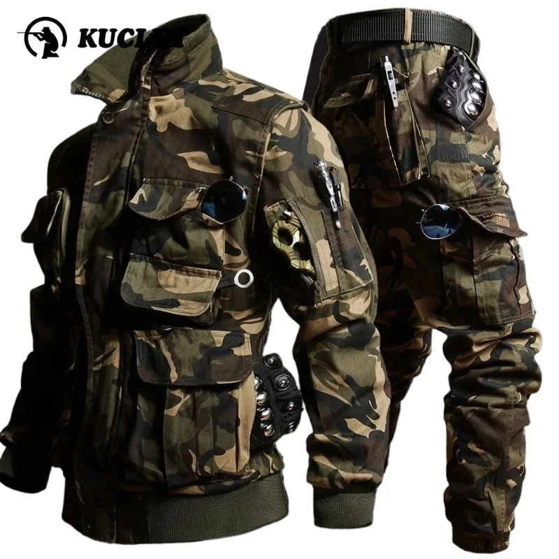 Camouflage-Softshell-Set für Herren, mehrere Taschen, winddicht, Jagduniform im Freien, zweiteiliges Set mit Wander- und Trainingskampfausrüstung