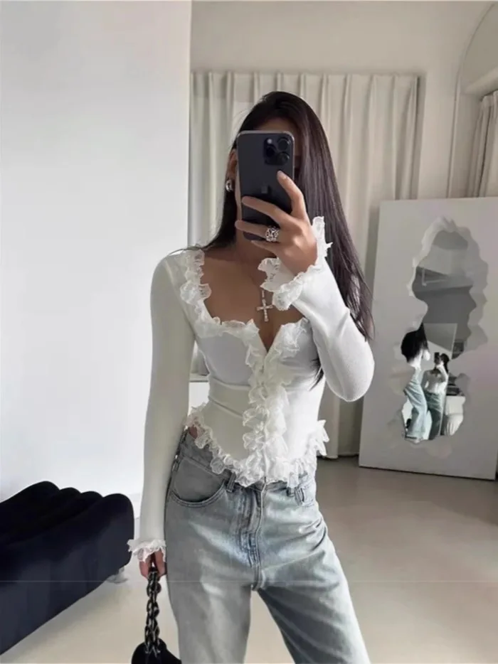 Knitted Top Women Pullover Knitting T Shirt Slim Sexy Lace Ruffles Jumper Tops Autumn Winter 2025 Casual Office Lady Knitwear - Image 6