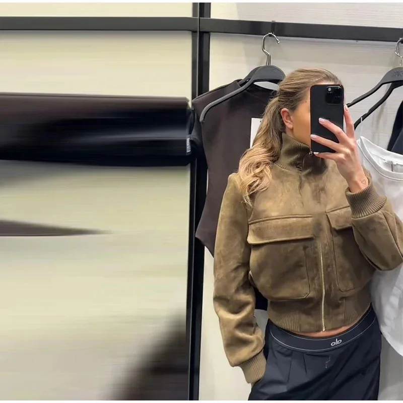 Women's coat New Stand Collar Zipper Pocket Short Pilot Jacket Vintage Casual Fashion Women's Top