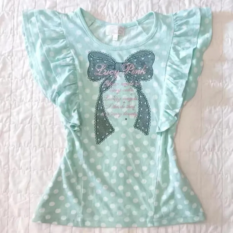 

Sweet Hottie T-shirts American Vintage Bow Print T Shirt Pop Dopamine Harajuku Polka Dot Tees Women's Kawaii Aesthetic Chic Tops