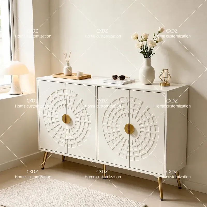 Nordic Light Luxury Round Engraved White Dining Side Cabinet Household Entrance Cabinet Bedroom Advanced Storage Cabinet