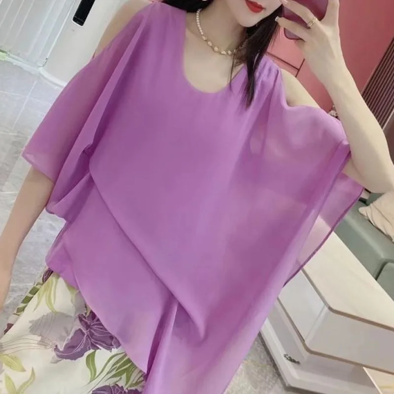 2024 New Summer Personalized Trendy Round Neck Off Shoulder Irregular Hem Fashion Casual Loose Versatile Solid Color Shirt