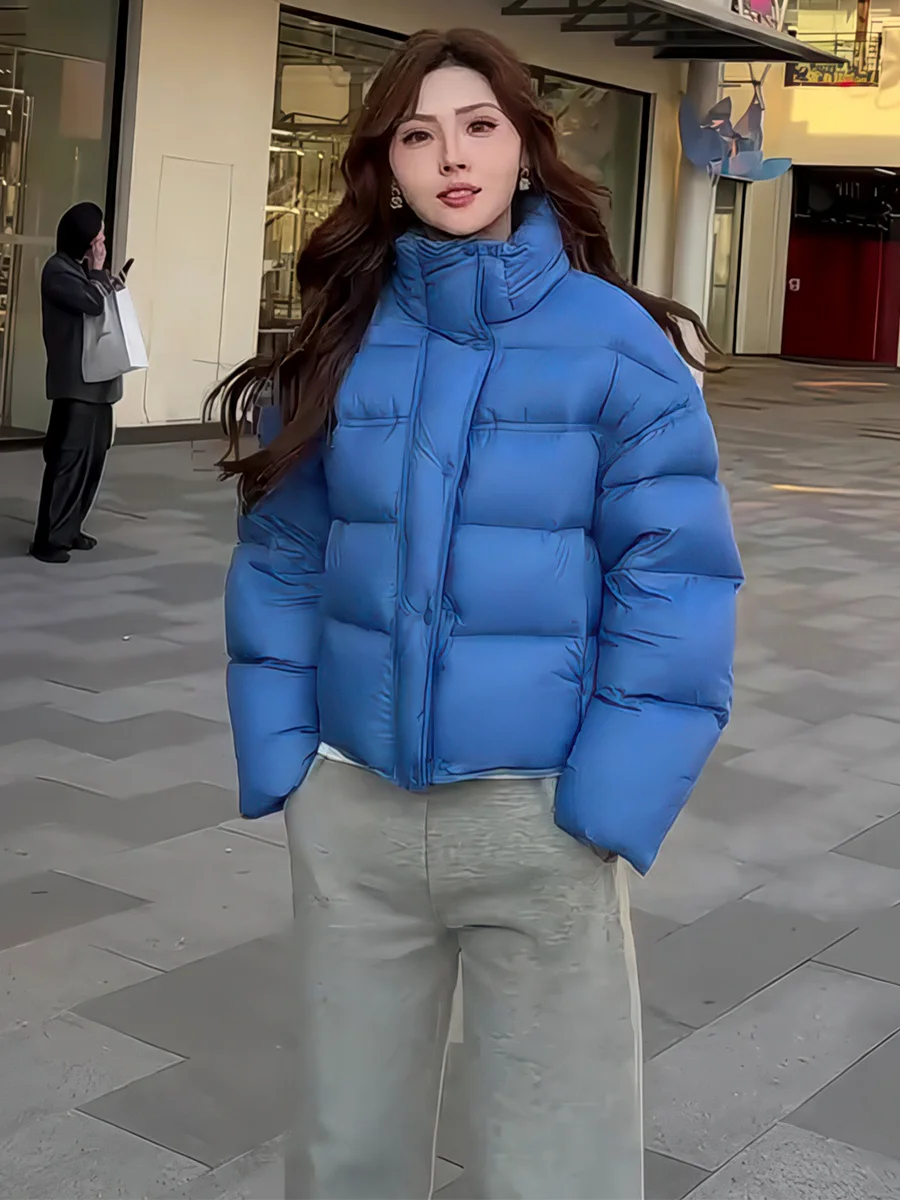 

Korean Casual Sle ort Blue Stand Collar Bread down Jaet Women's Winter Loose Versatile Warm Outerwear Ci Leisure