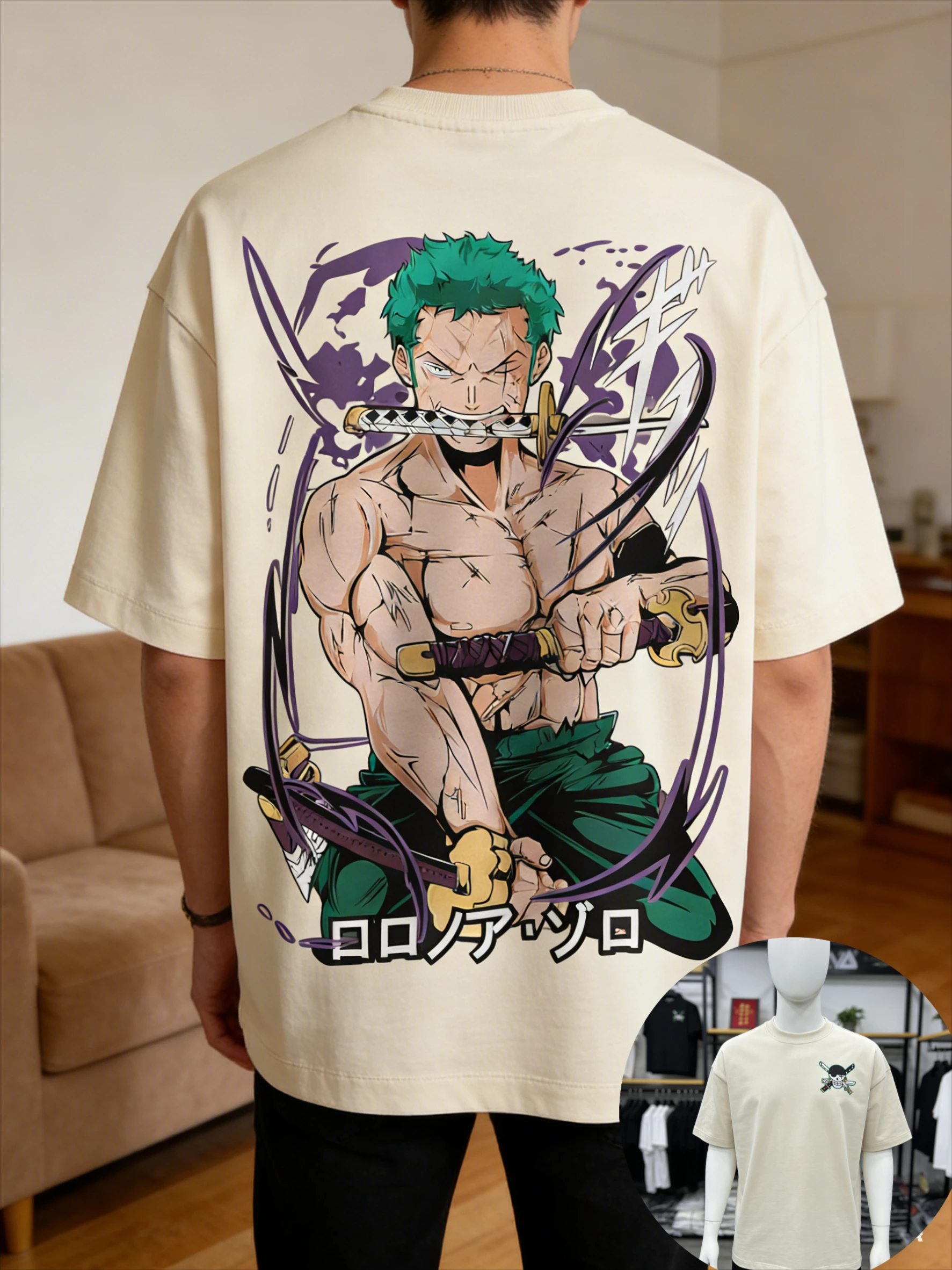 

Loose Fit High Quality Cotton One Piece T Shirt Zoro Green Hair Three Swords Purple Ink Effect Fighting Pose Casual Sportswear