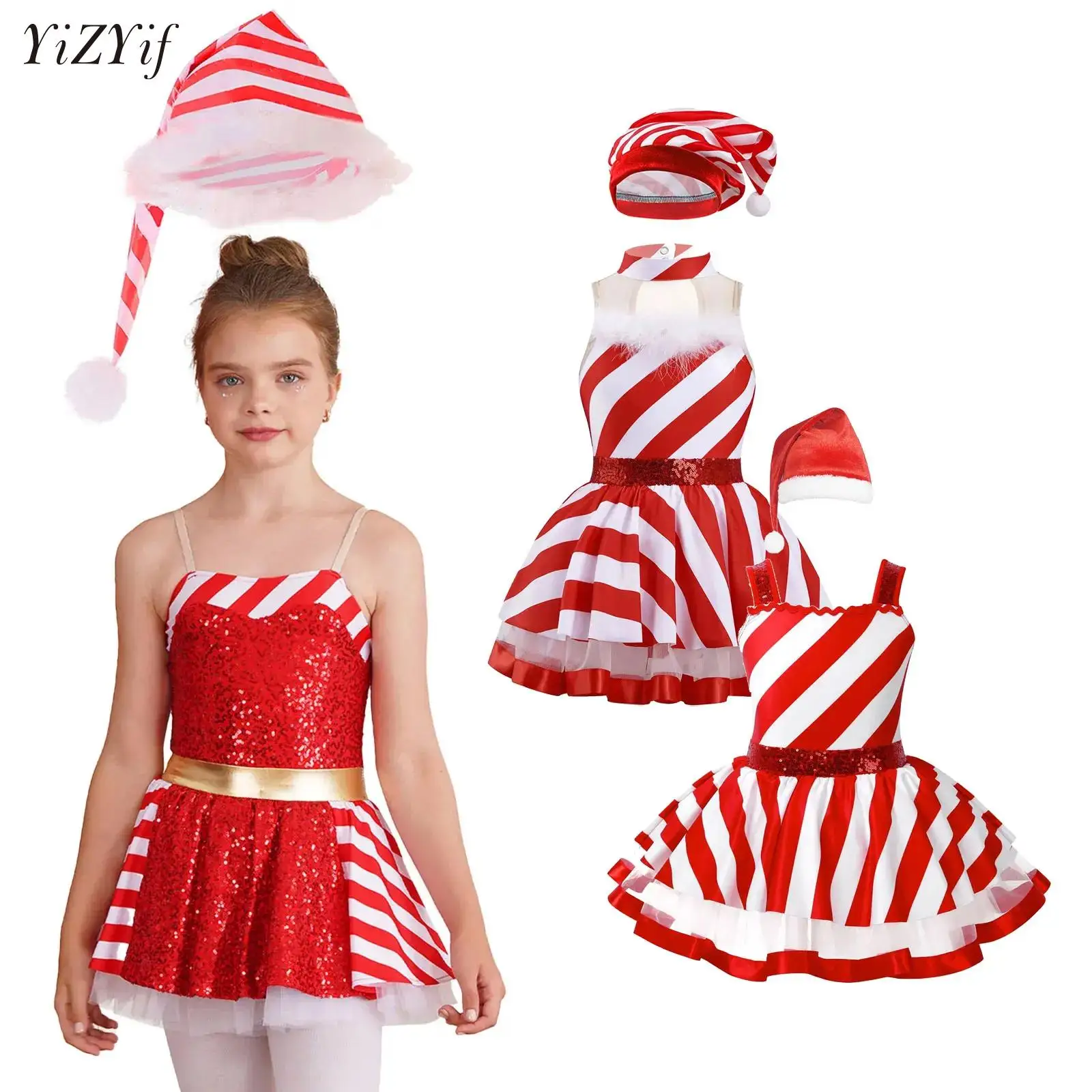 

Kids Girls Christmas Elf Dress+Hat Set Candy Cane Striped Sequin Ballet Tutu Dress for Holiday Festival Party New Year Dancewear