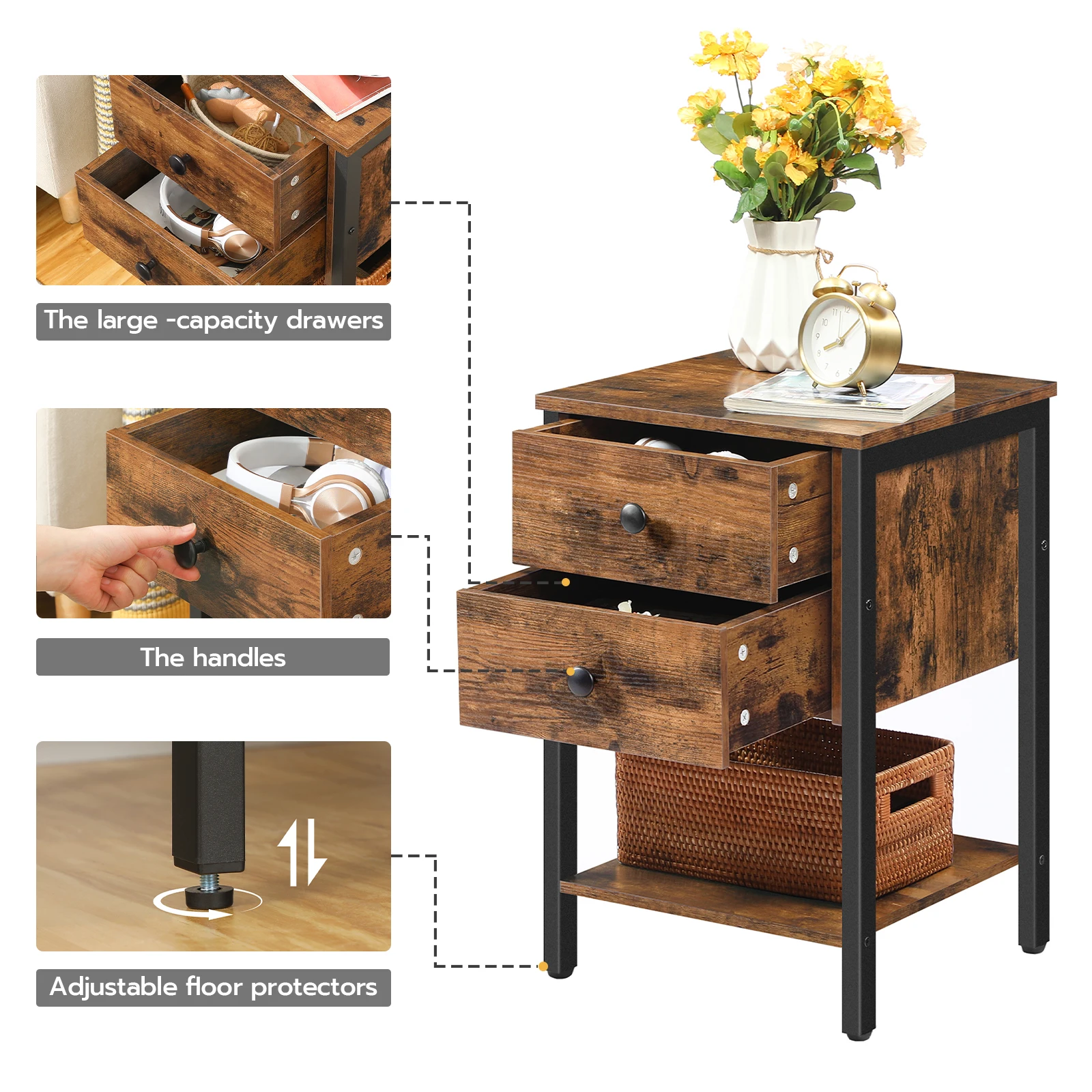 HOOBRO Nightstand With 2 Drawers And Open Shelf Industrial Square End Table For Storage Bedside Table In Living Room Bedroom