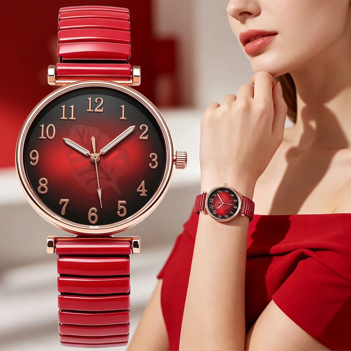 Women Gradient Leaf Print Dial Quartz Wristwatch Rose Gold Case Elastic Metal Band Number Index Elegant Ladies Watch