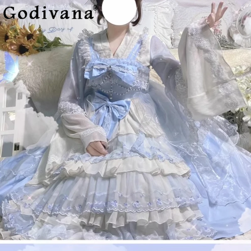 

Sweet Lolita Bow Elegant Ruffles High Waist A-line Princess Cake Dress Spring Summer Long Flared Sleeve V Neck Bottoming Shirt