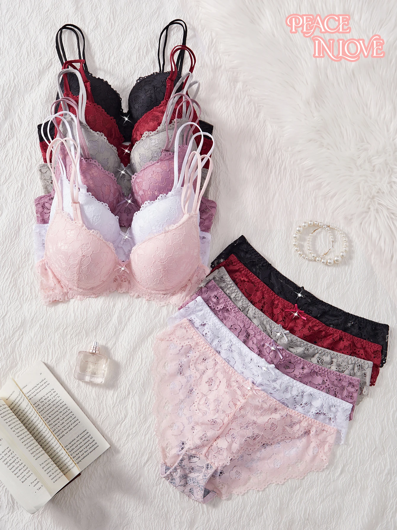 PEACE IN LOVE 6-Piece Lace Women's Underwear Set Sexy Hollow Out No Lining Push Up Bra Breathable Lightweight Lingerie