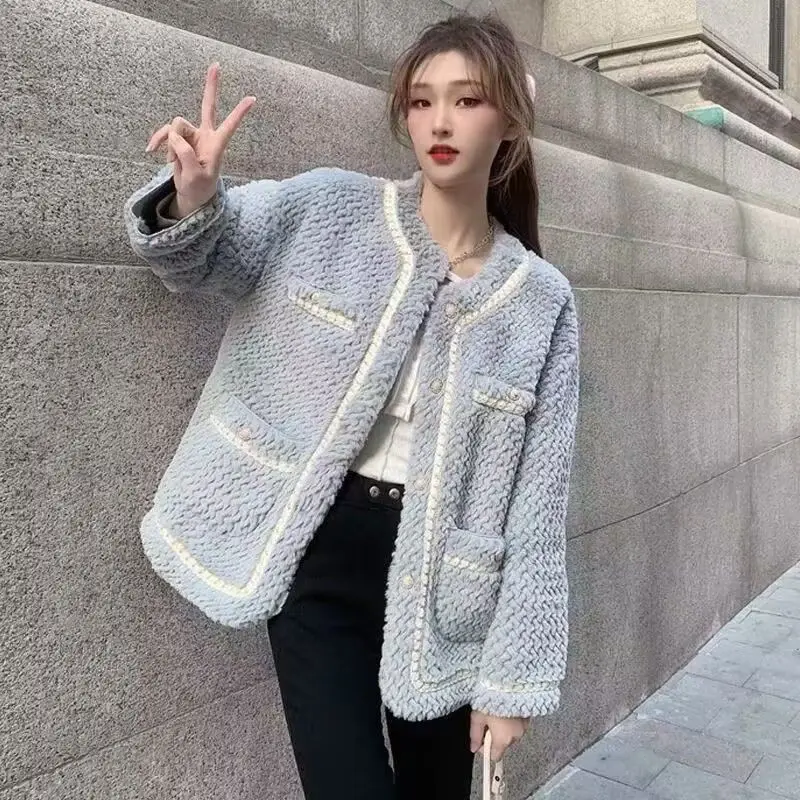 Imitation Fur Elegant Luxury Wool Thickening Warm Jackets Womens Autumn Winter O Neck Single Breasted Loose Coat Korean Fashion