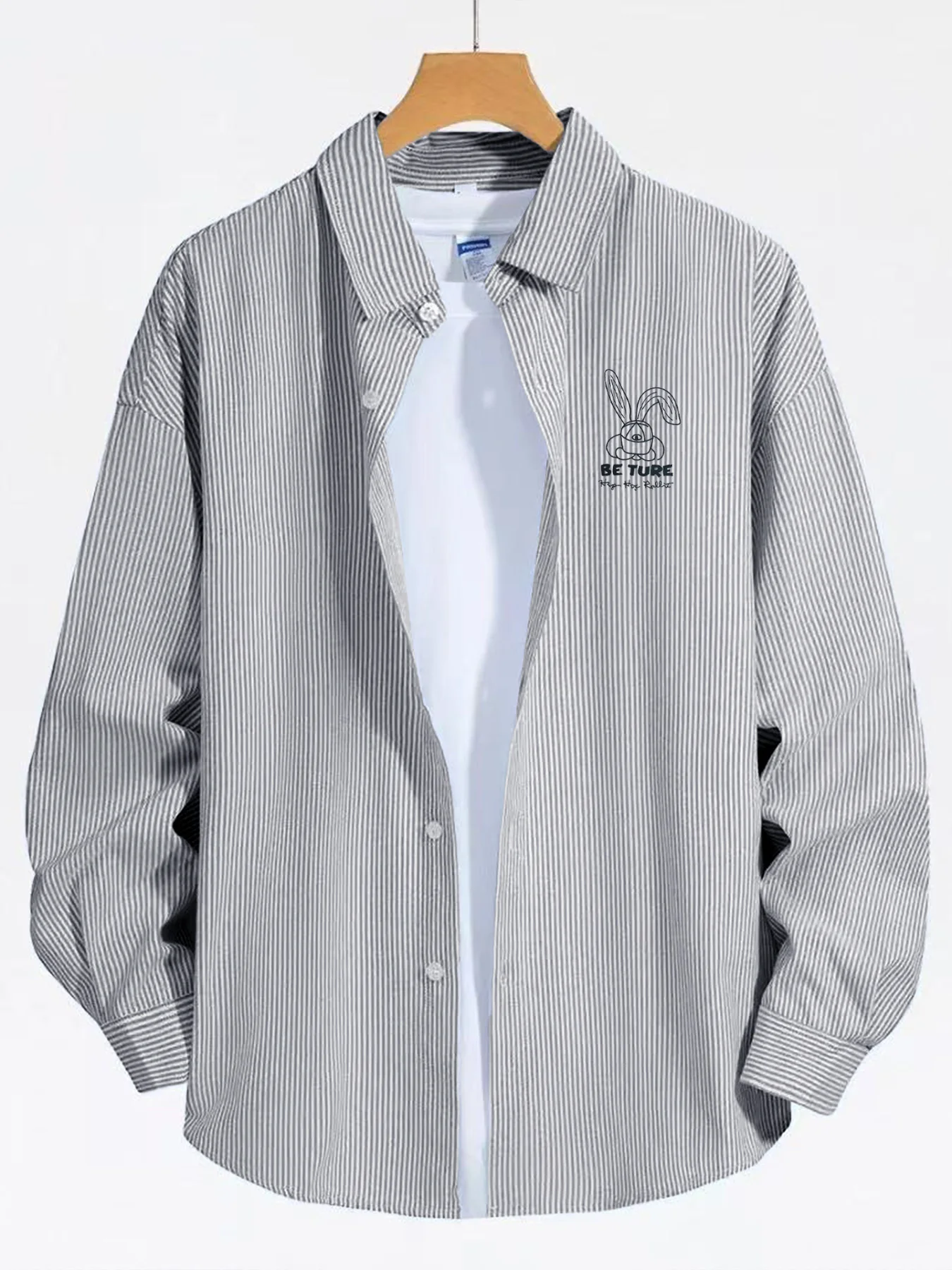 

Fun cartoon simple sketch rabbit print long-sleeve shirt, spring and autumn trendy men's versatile casual simple outer shirt