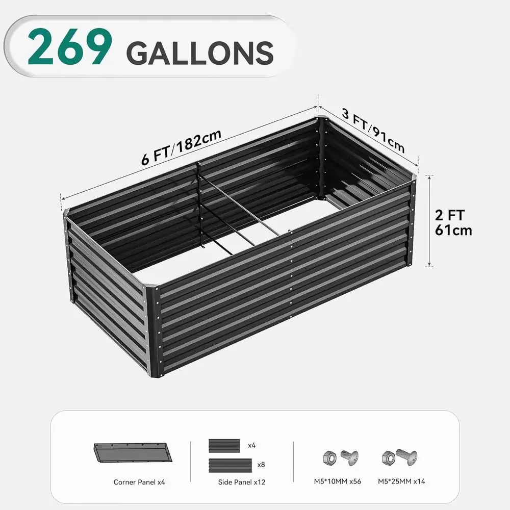 6x3x2ft Large Galvanized Metal Raised Garden Bed Kit with Gloves, Black