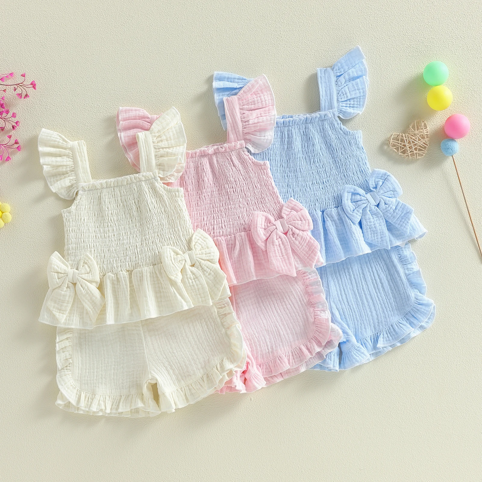 Conjunto de ropa de 2 uds para bebé y niña, pantalones cortos de algodón con lazo y manga acampanada, Tops y pantalones cortos con volantes, traje para niño