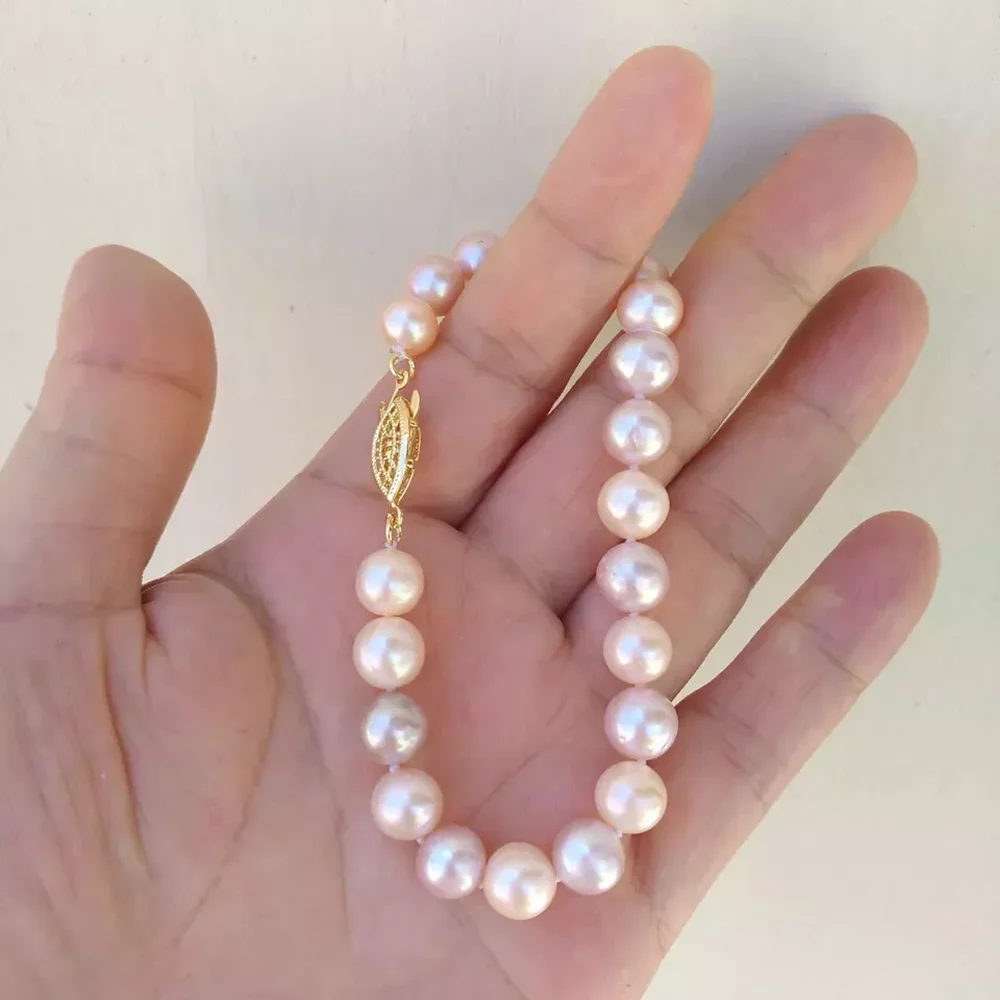 Bestselling AAA 9-10mm 8-9mm South Sea Pink Round Pearl Bracelet 7.5-8inch 14k