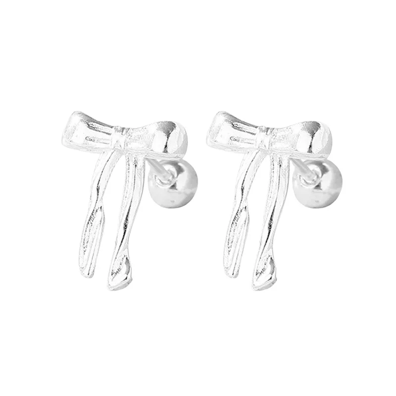 Silver Color Exquisite Sweet Cute Ribbon Bowknot Screw Earrings for Women Girls Fashion Temperament Wedding Party Jewelry Gift