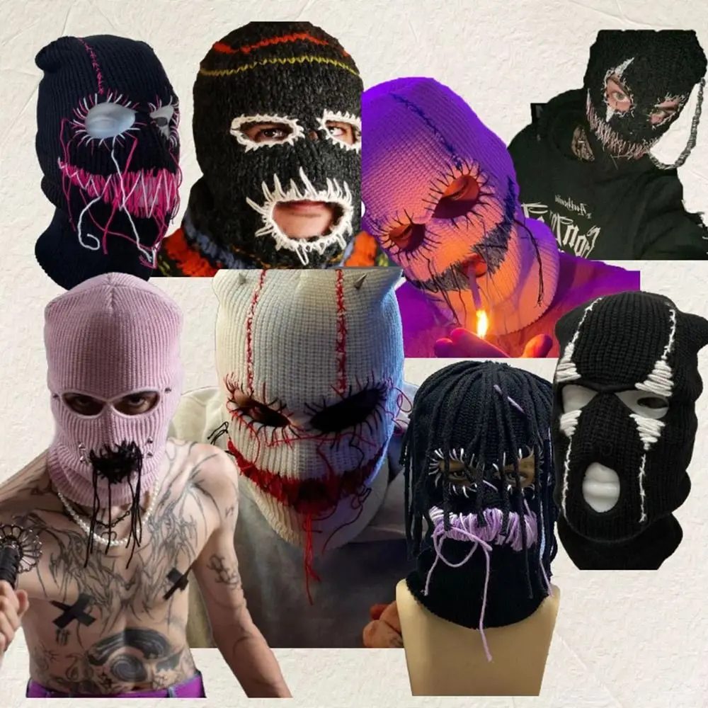 Funny Hooded Halloween Balaclava Party Handmade Knitted Hat Vintage Face Mask for Men Women