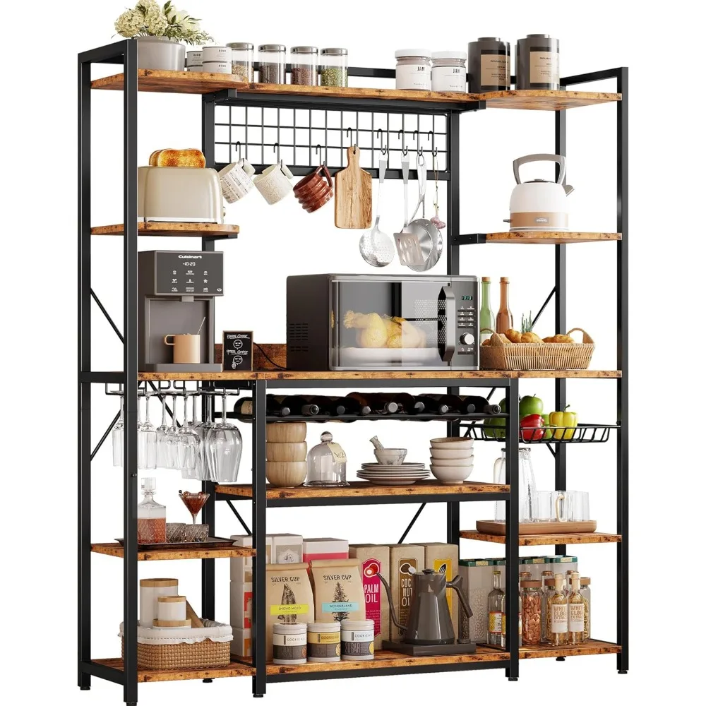 

Large Bakers Rack With Power Outlet, 62 Inch Wide Microwave Stand, Coffee Bar With Storage, Kitchen Racks And Shelves