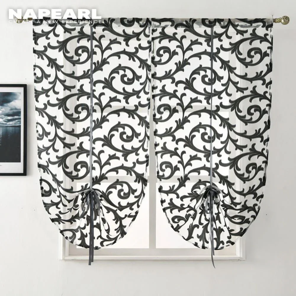 Short Kitchen Curtain Modern Window Treatment Tie up Balloon Home Textile Sheer Panel Tulle White Black Jacquard