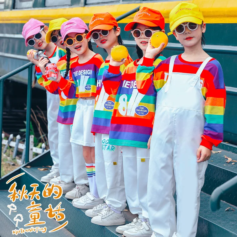 Kids Hip Hop Overalls Candy Color Street Dance Dungaree Jumpsuit for Boys And Girls Rainbow T-Shirt And Trousers Romper Suit