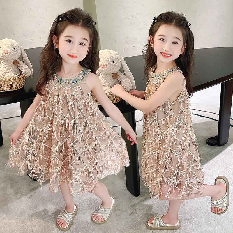 

Summer Girls Rose Sling Dress Kids Girl Sequin Tassel Dresses Teenager Girls Peacock Princess Clothes 2 3 4 6 8 Year TR369
