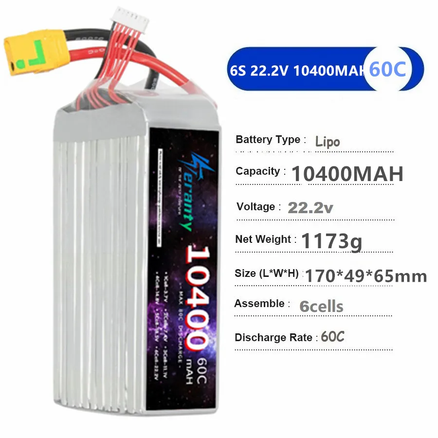 TERANTY يبو بطارية 10400mAh 22.2V 6S RC بطارية عالية السعة حماية النباتات الزراعية الطائرات بدون طيار لطائرة هليكوبتر FPV