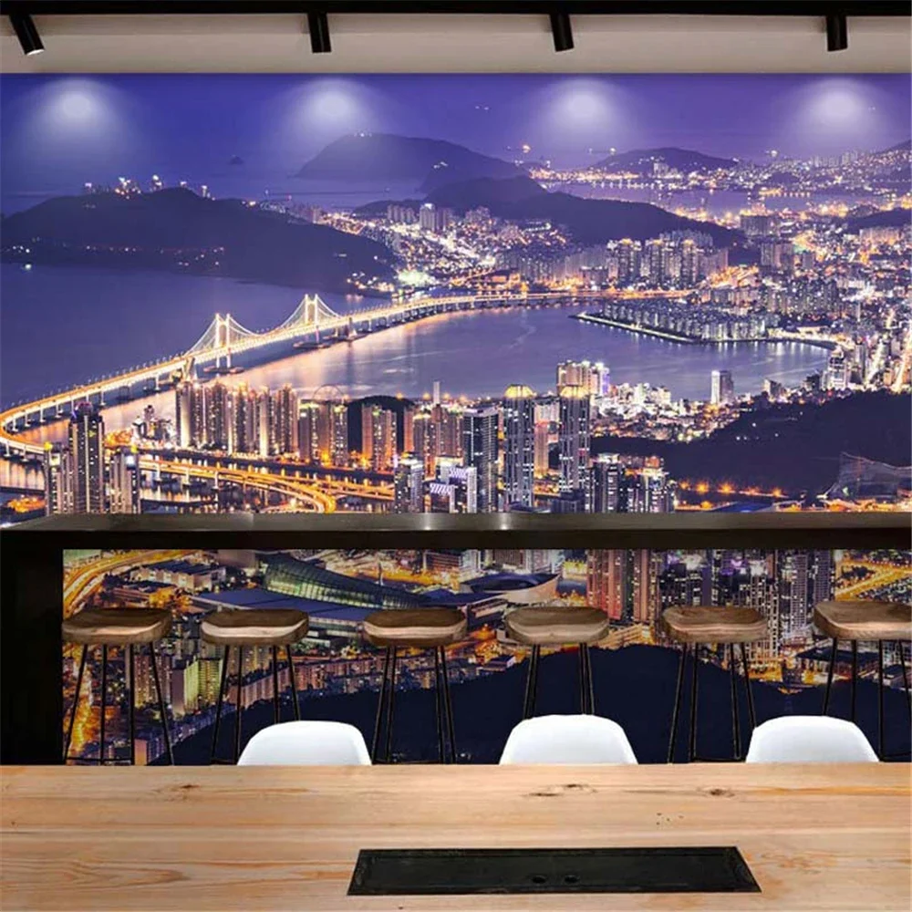 Custom City Night Scenery mural Wallpaper Hong Kong City Scenery Landscape Painting Wall Cloth Bar Restaurant Hotel Background