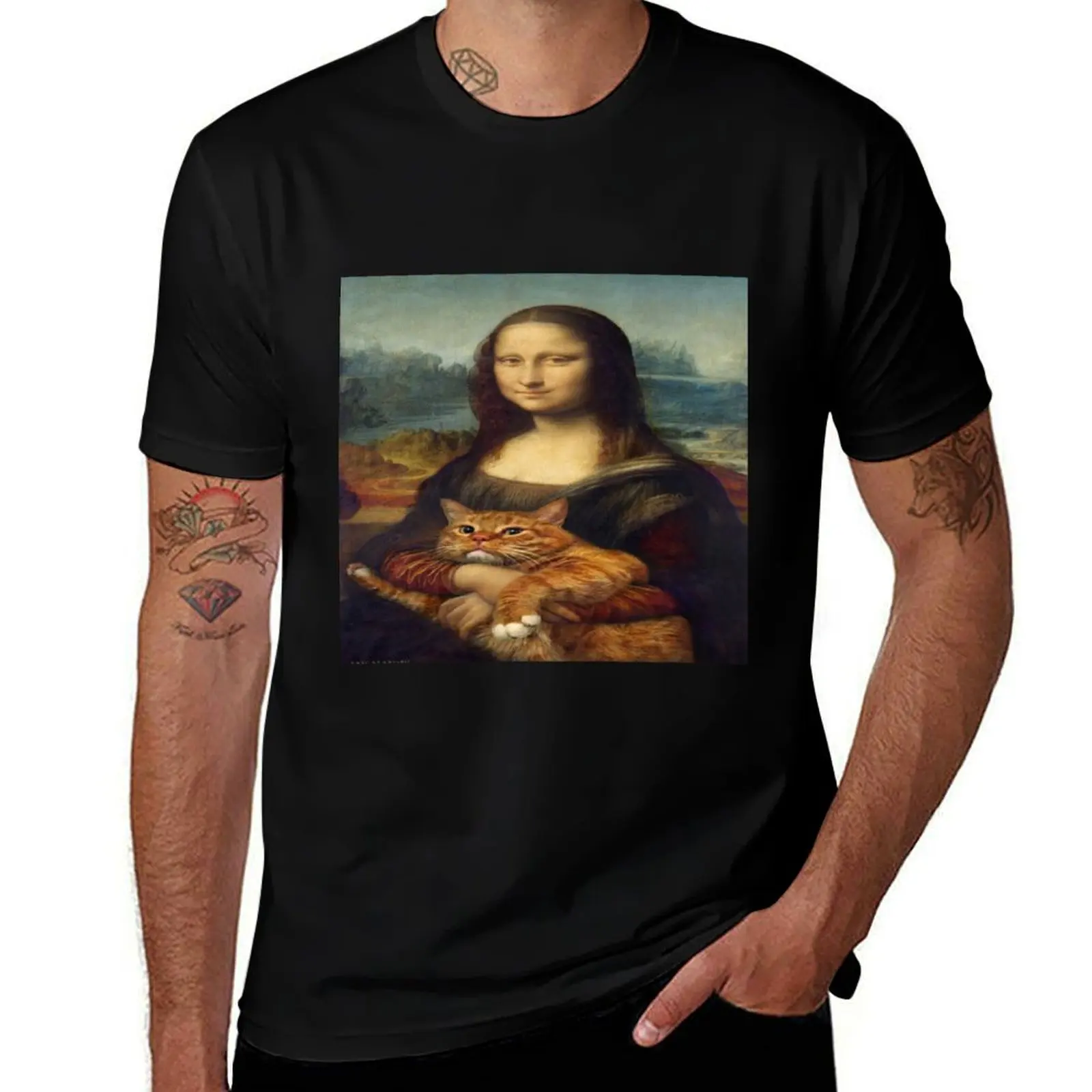Mona Lisa with cat T-Shirt Big Size Simple T-Shirt
