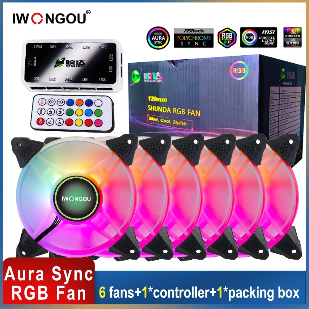 IWONGOU-ventilador RGB de 120mm para PC, refrigeración con velocidad ajustable y ajuste LED, 12cm, Aura Sync argb