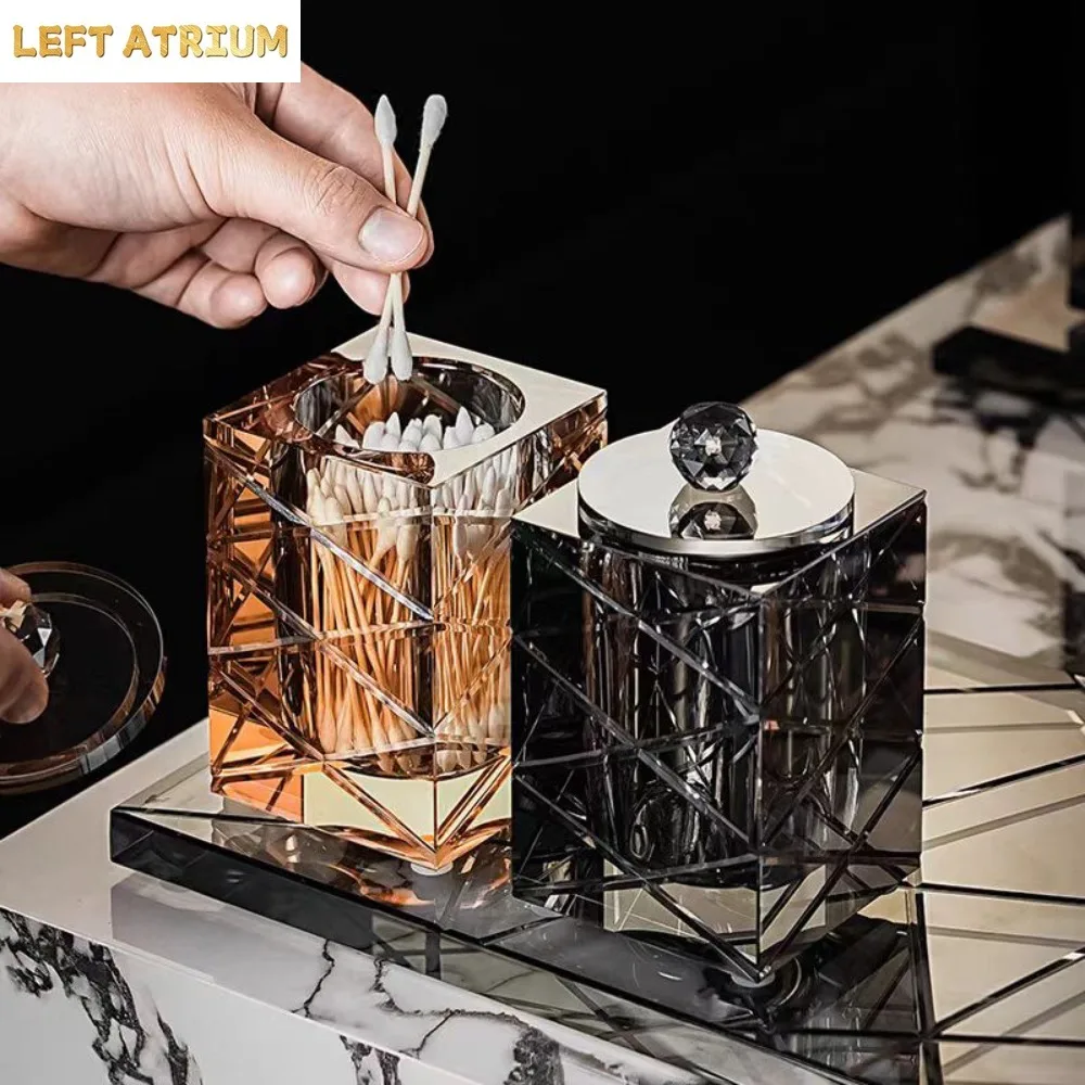 Crystal Glass Carved Cotton Swab Box Storage Jar Hotel Bathroom Countertop Storage Box Toothpick Jar Home Desktop Decoration