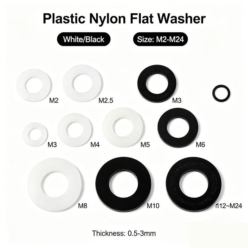 M2-M24 White Black Plastic Nylon Flat Washer 0.5-3mm Thick Insulation Gasket Plane Spacer Ring For Screw Fastener Hardware