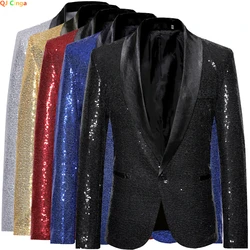 Black Sequin One Button Shawl Collar Suit Jacket Men, Bling Glitter Nightclub Prom DJ Blazer Coats Men Stage Clothes for Singers